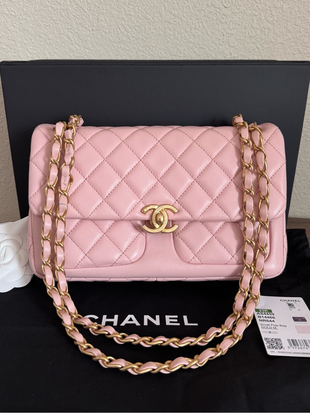 CHANEL 2023 Lambskin Quilted Double Pocket Small Flap Bag in Pink